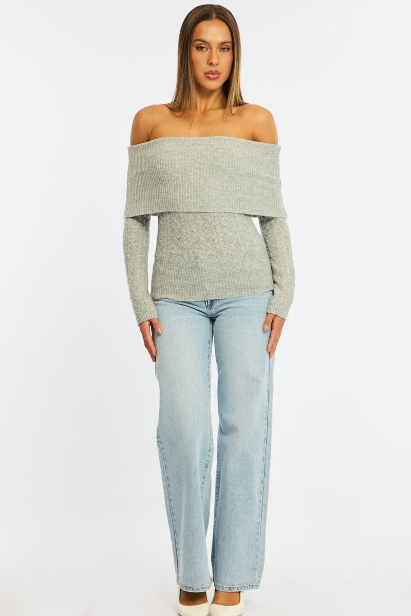 Grey Cable Knit Top Long Sleeve Off Shoulder for Ally Fashion