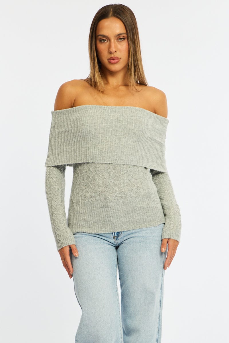 Grey Cable Knit Top Long Sleeve Off Shoulder for Ally Fashion