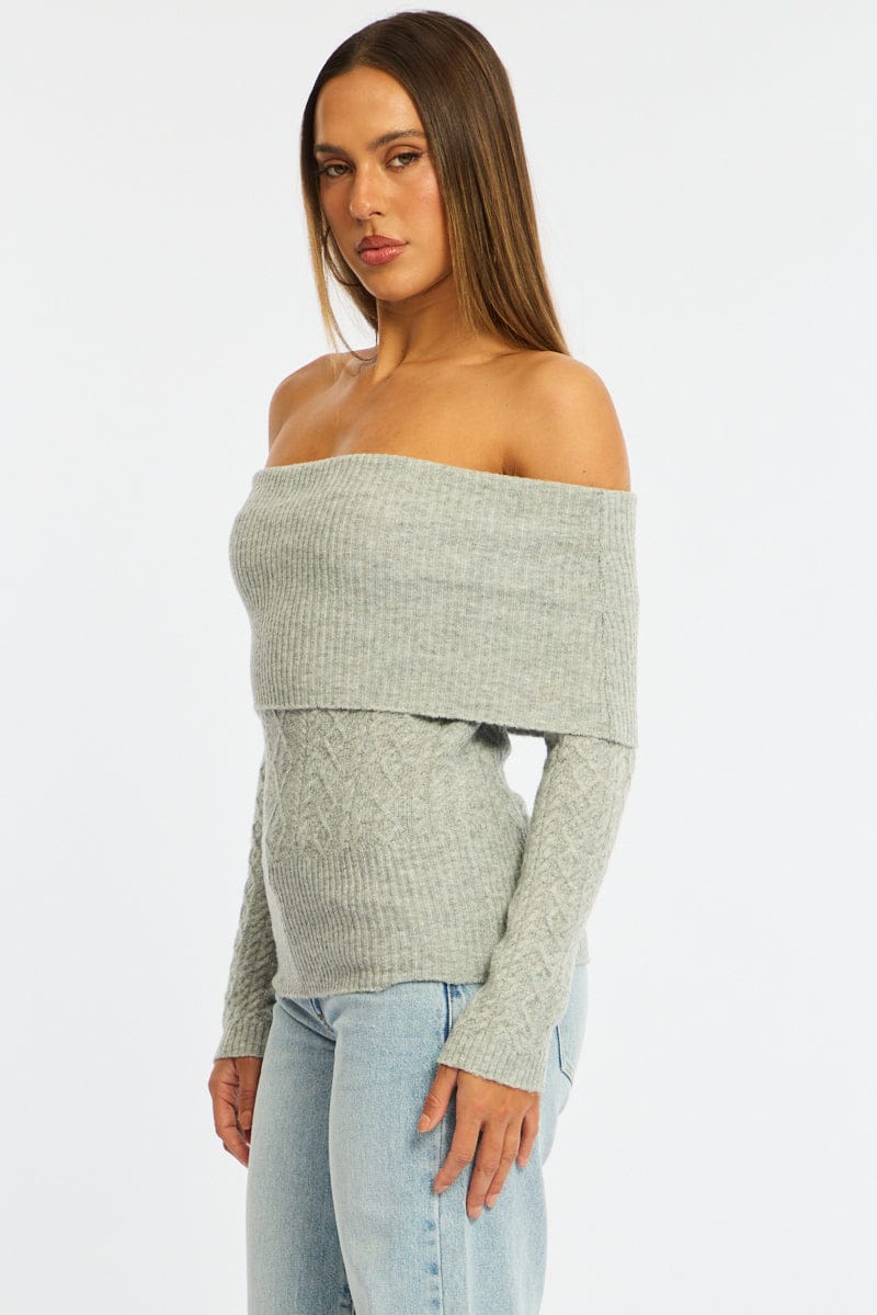 Grey Cable Knit Top Long Sleeve Off Shoulder for Ally Fashion