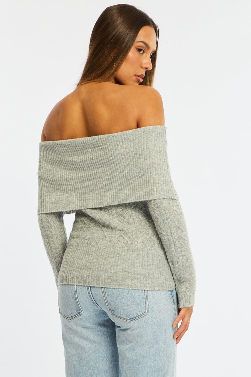 Grey Cable Knit Top Long Sleeve Off Shoulder for Ally Fashion