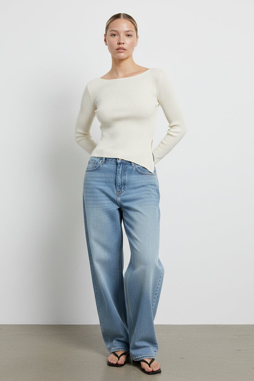 White Long Sleeve Knit With Side Split