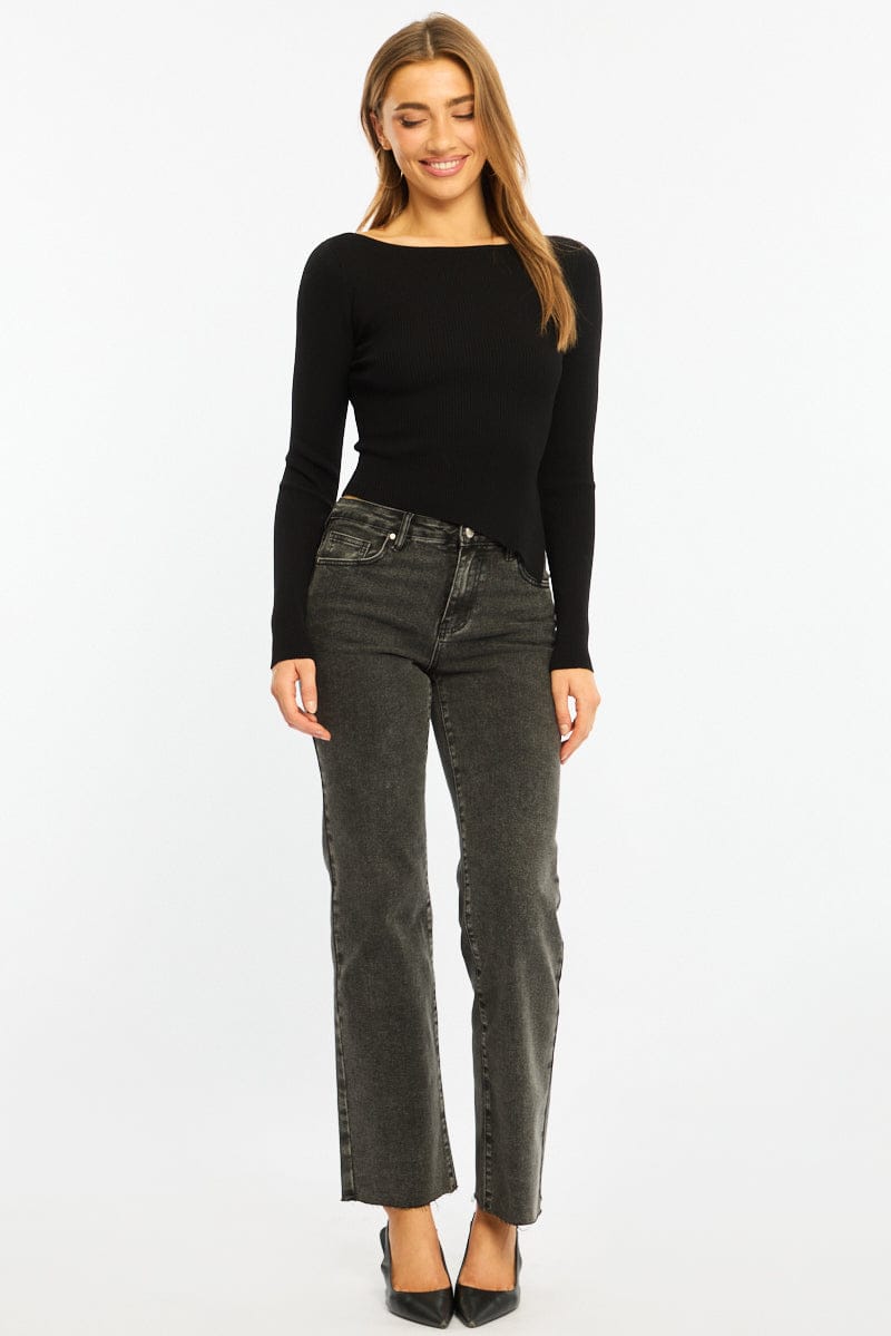 Black Long Sleeve Knit With Side Split for Ally Fashion