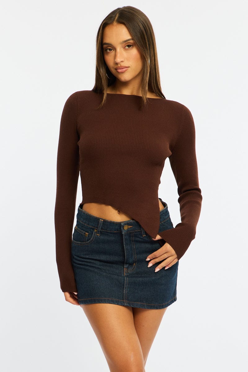 Brown Long Sleeve Knit With Side Split for Ally Fashion