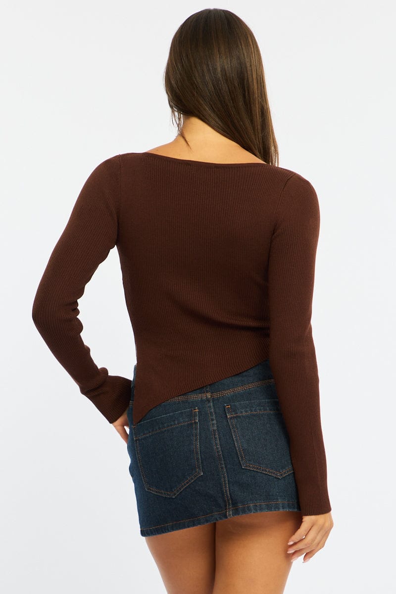 Brown Long Sleeve Knit With Side Split for Ally Fashion
