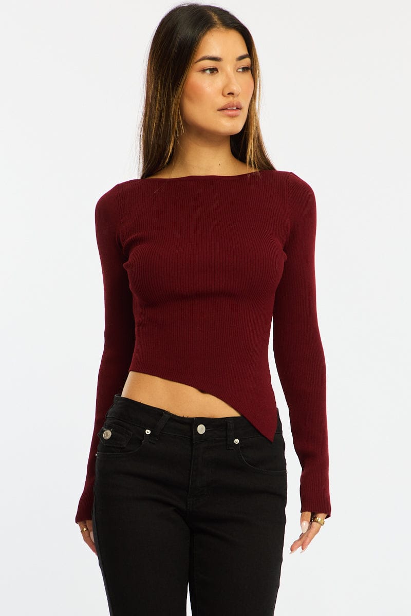 Red Long Sleeve Knit With Side Split for Ally Fashion