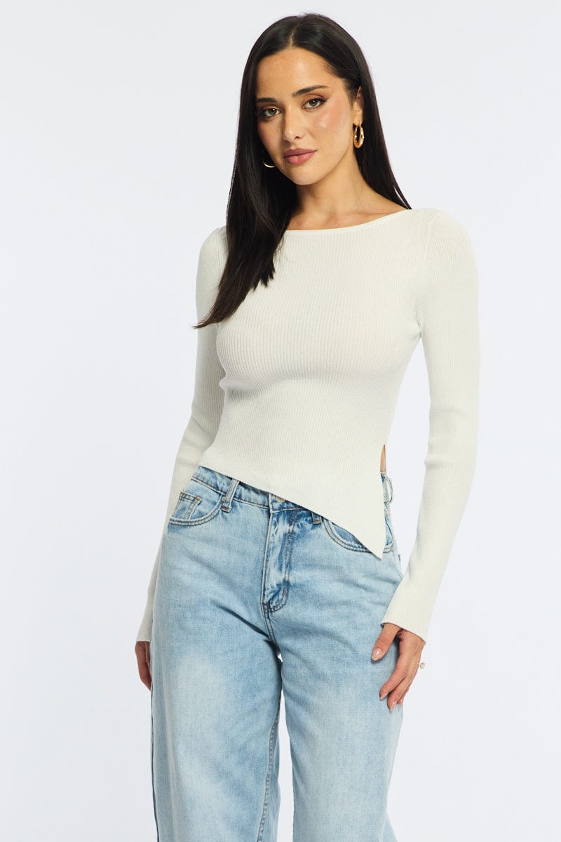 White Long Sleeve Knit With Side Split for Ally Fashion