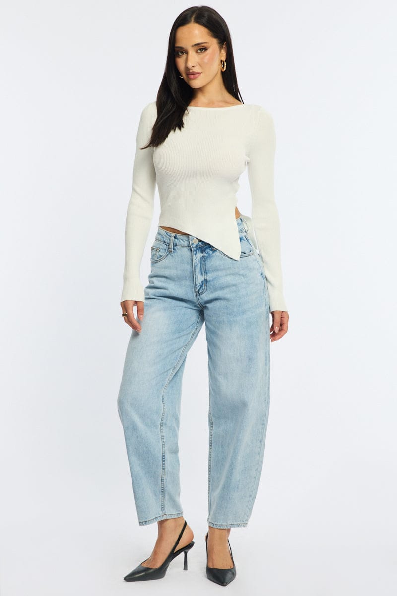 White Long Sleeve Knit With Side Split for Ally Fashion