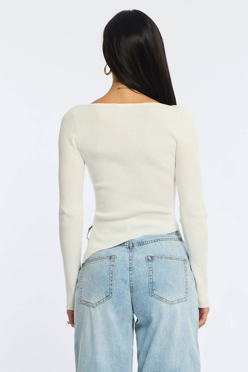 White Long Sleeve Knit With Side Split for Ally Fashion