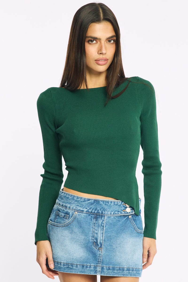 Green Long Sleeve Knit Boat Neck Side Split for Ally Fashion