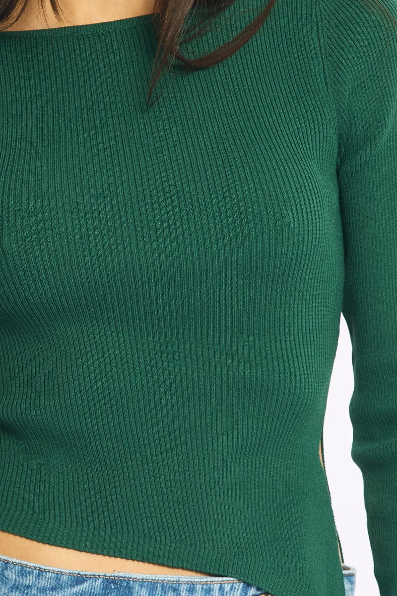 Green Long Sleeve Knit Boat Neck Side Split for Ally Fashion