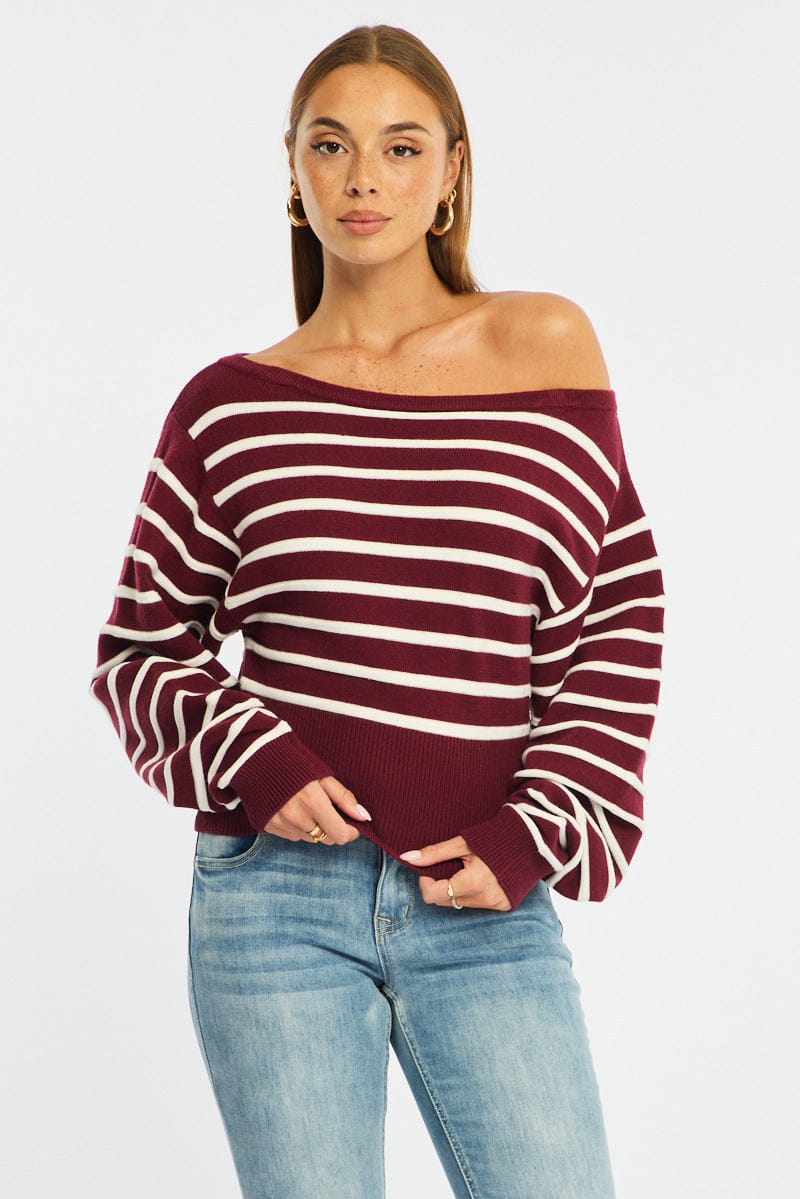 Red Stripe Stripe Knit Top Off Shoulder Long Sleeve for Ally Fashion