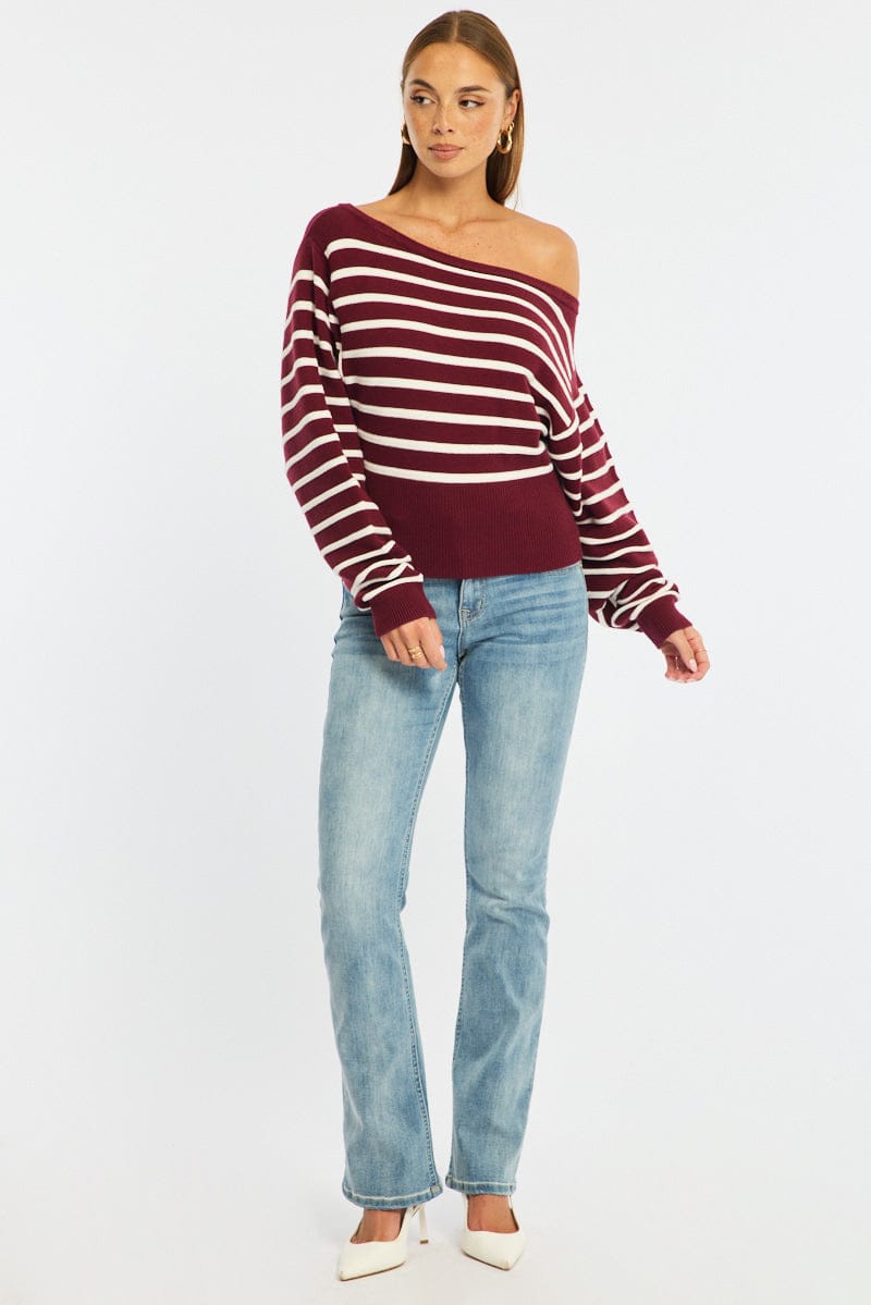 Red Stripe Stripe Knit Top Off Shoulder Long Sleeve for Ally Fashion