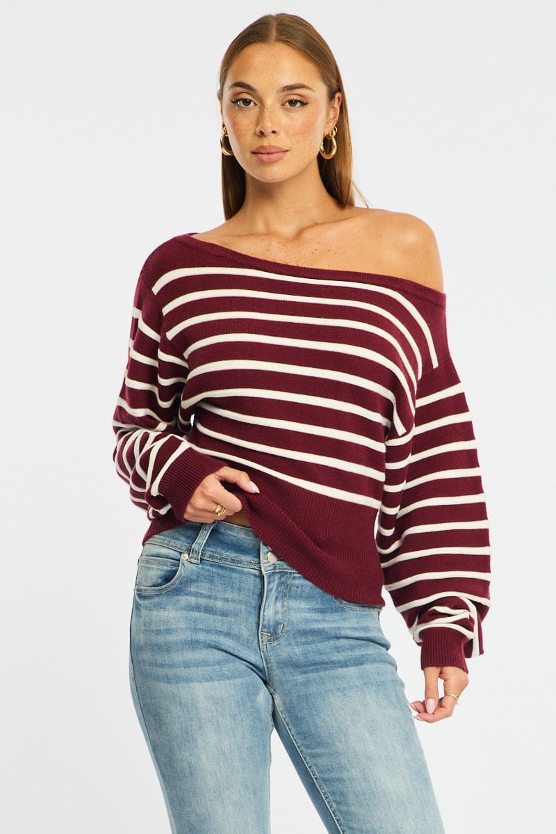 Red Stripe Stripe Knit Top Off Shoulder Long Sleeve for Ally Fashion