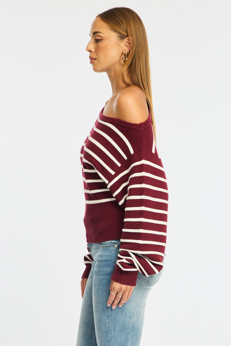 Red Stripe Stripe Knit Top Off Shoulder Long Sleeve for Ally Fashion
