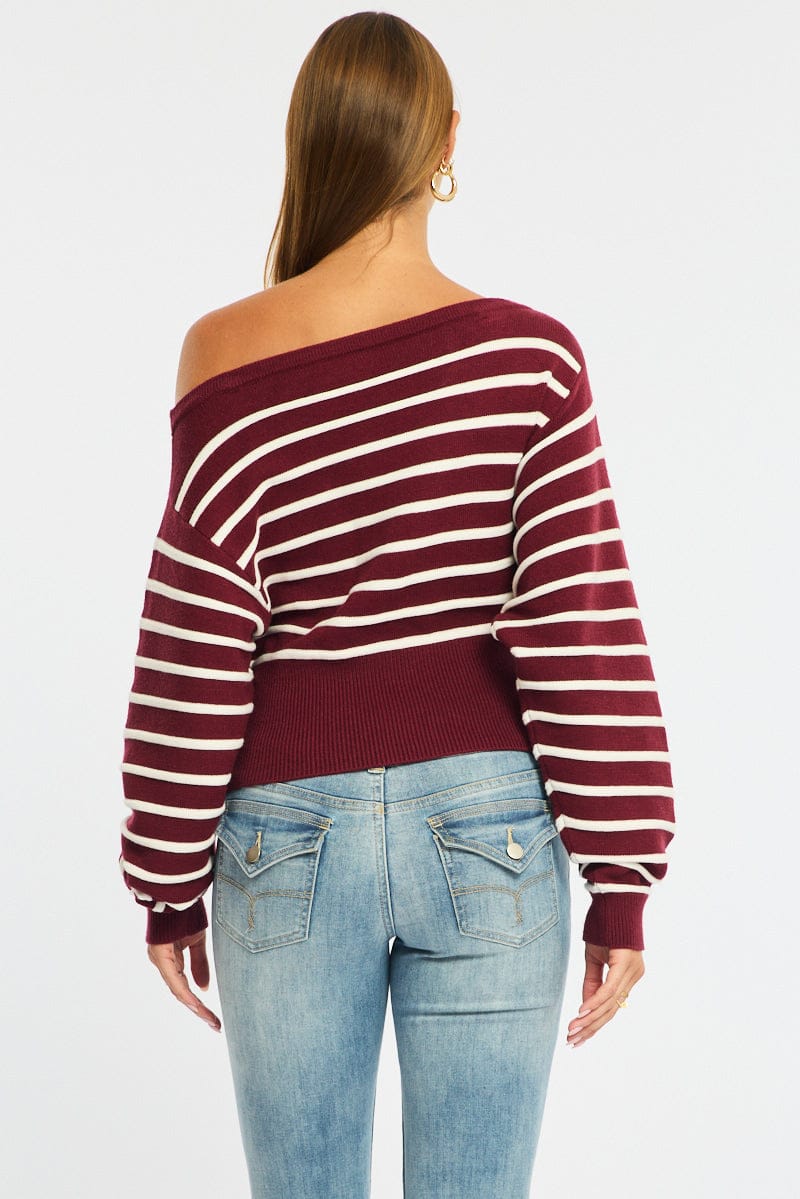 Red Stripe Stripe Knit Top Off Shoulder Long Sleeve for Ally Fashion