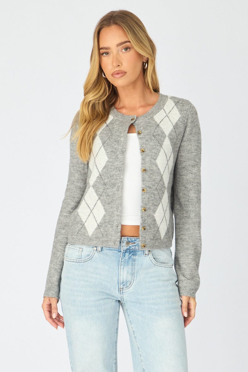 Grey Check Knit Top Long Sleeve Round Neck Argyle for Ally Fashion