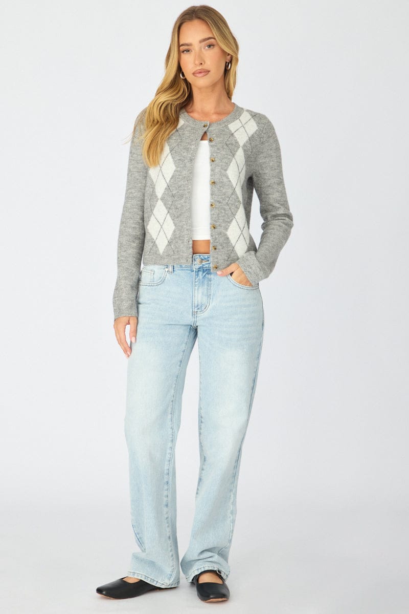 Grey Check Knit Top Long Sleeve Round Neck Argyle for Ally Fashion