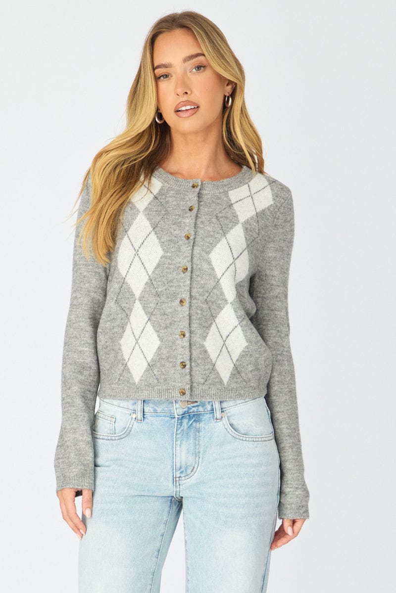 Grey Check Knit Top Long Sleeve Round Neck Argyle for Ally Fashion