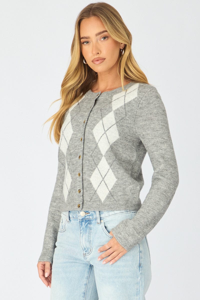 Grey Check Knit Top Long Sleeve Round Neck Argyle for Ally Fashion
