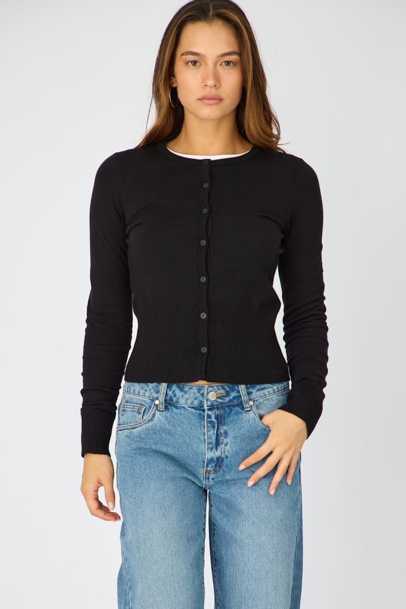 Black Fitted Cardigan Long Sleeve Crew Neck for Ally Fashion