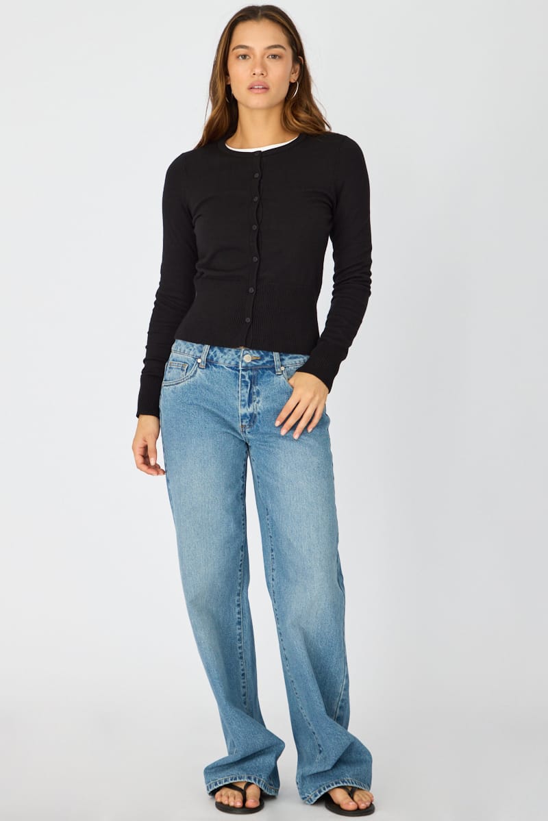 Black Fitted Cardigan Long Sleeve Crew Neck for Ally Fashion