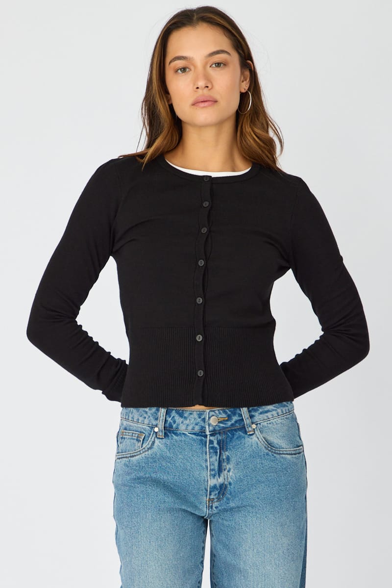 Black Fitted Cardigan Long Sleeve Crew Neck for Ally Fashion