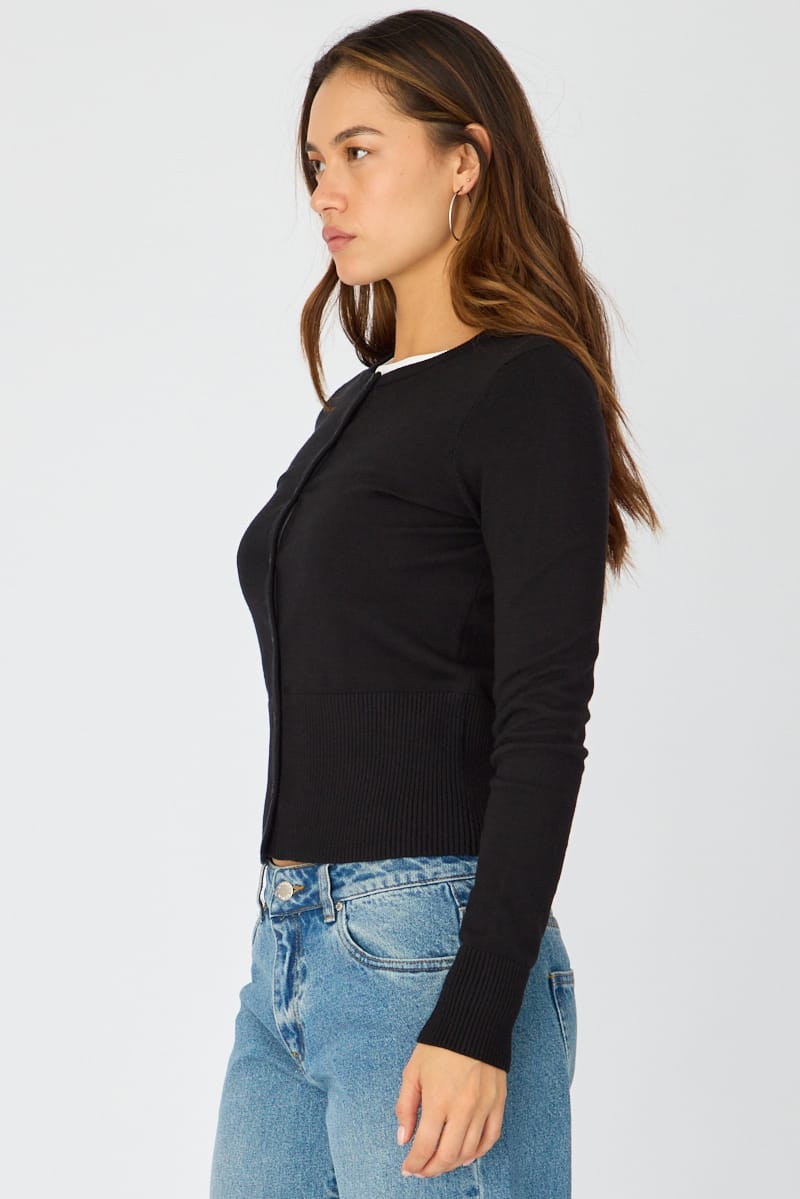 Black Fitted Cardigan Long Sleeve Crew Neck for Ally Fashion