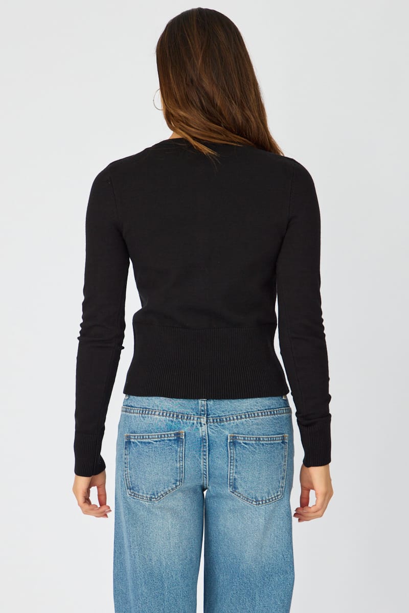 Black Fitted Cardigan Long Sleeve Crew Neck for Ally Fashion