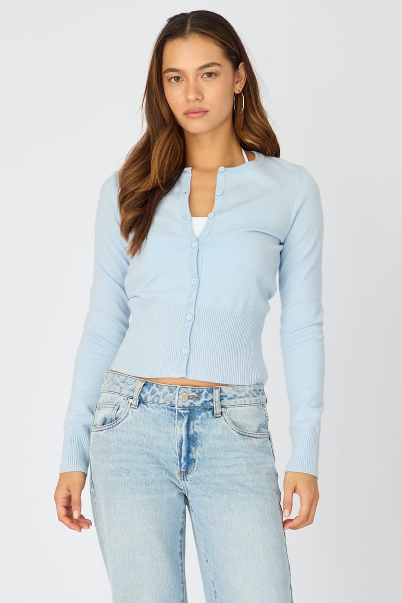 Blue Fitted Cardigan Long Sleeve Crew Neck for Ally Fashion