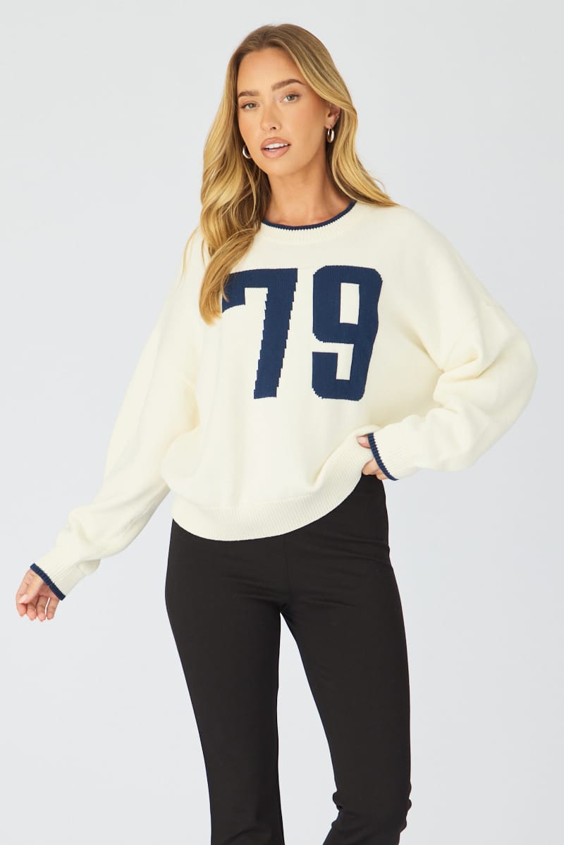 White Number Graphic Knit Sweater for Ally Fashion