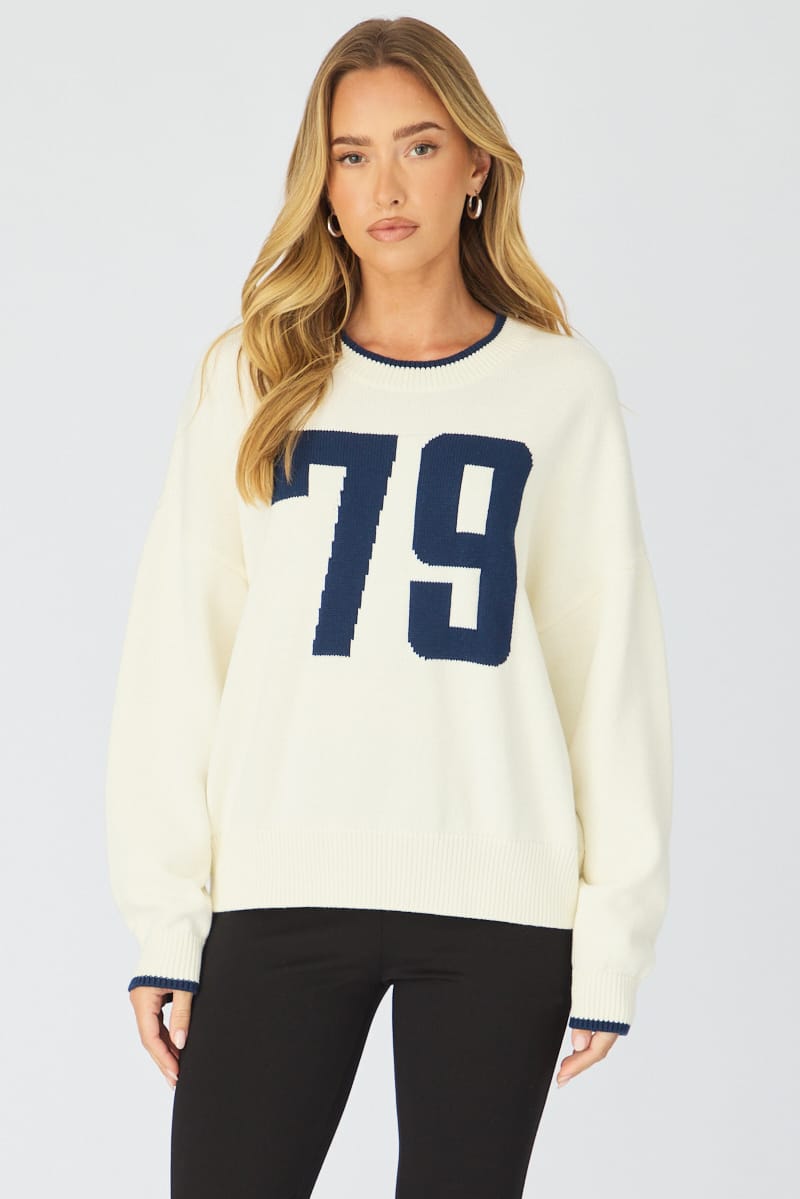 White Number Graphic Knit Sweater for Ally Fashion