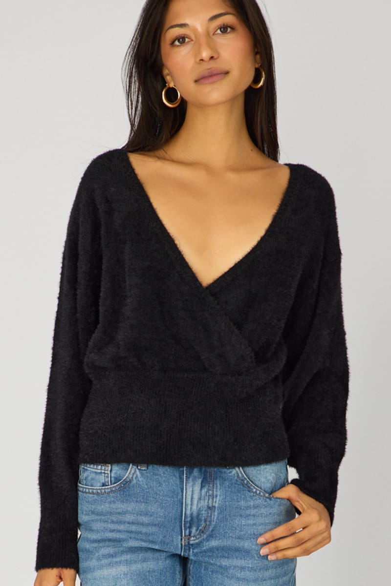 Black V-neck Wrap Knit Long Sleeve for Ally Fashion