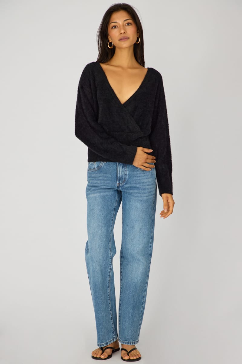 Black V-neck Wrap Knit Long Sleeve for Ally Fashion
