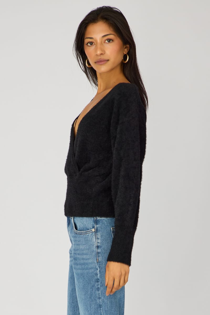 Black V-neck Wrap Knit Long Sleeve for Ally Fashion