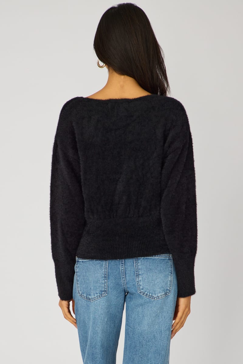Black V-neck Wrap Knit Long Sleeve for Ally Fashion