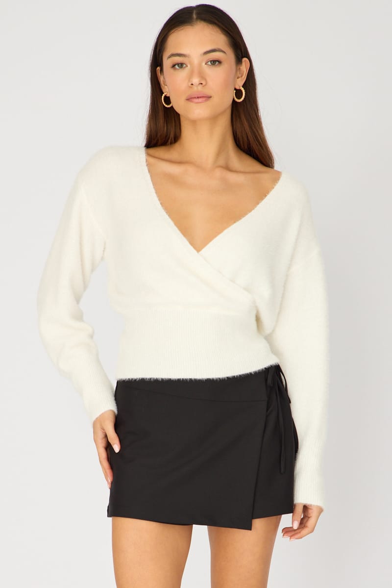 White V-neck Wrap Knit Long Sleeve for Ally Fashion