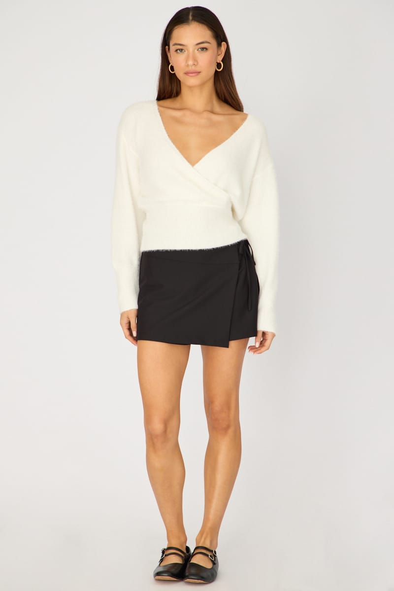 White V-neck Wrap Knit Long Sleeve for Ally Fashion