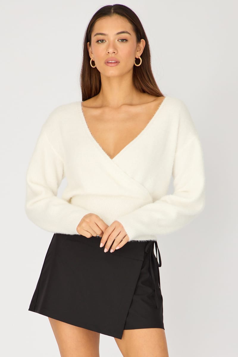 White V-neck Wrap Knit Long Sleeve for Ally Fashion