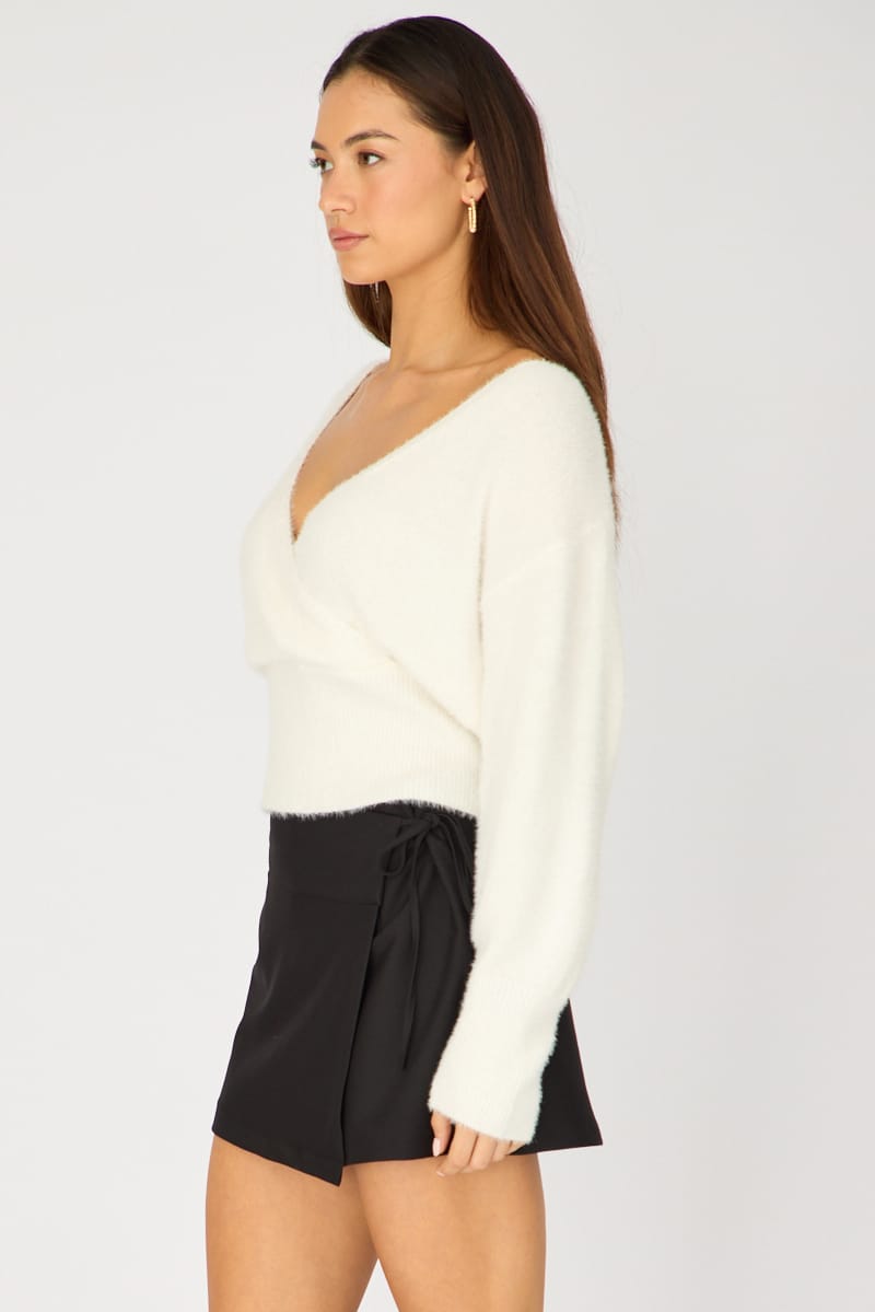 White V-neck Wrap Knit Long Sleeve for Ally Fashion