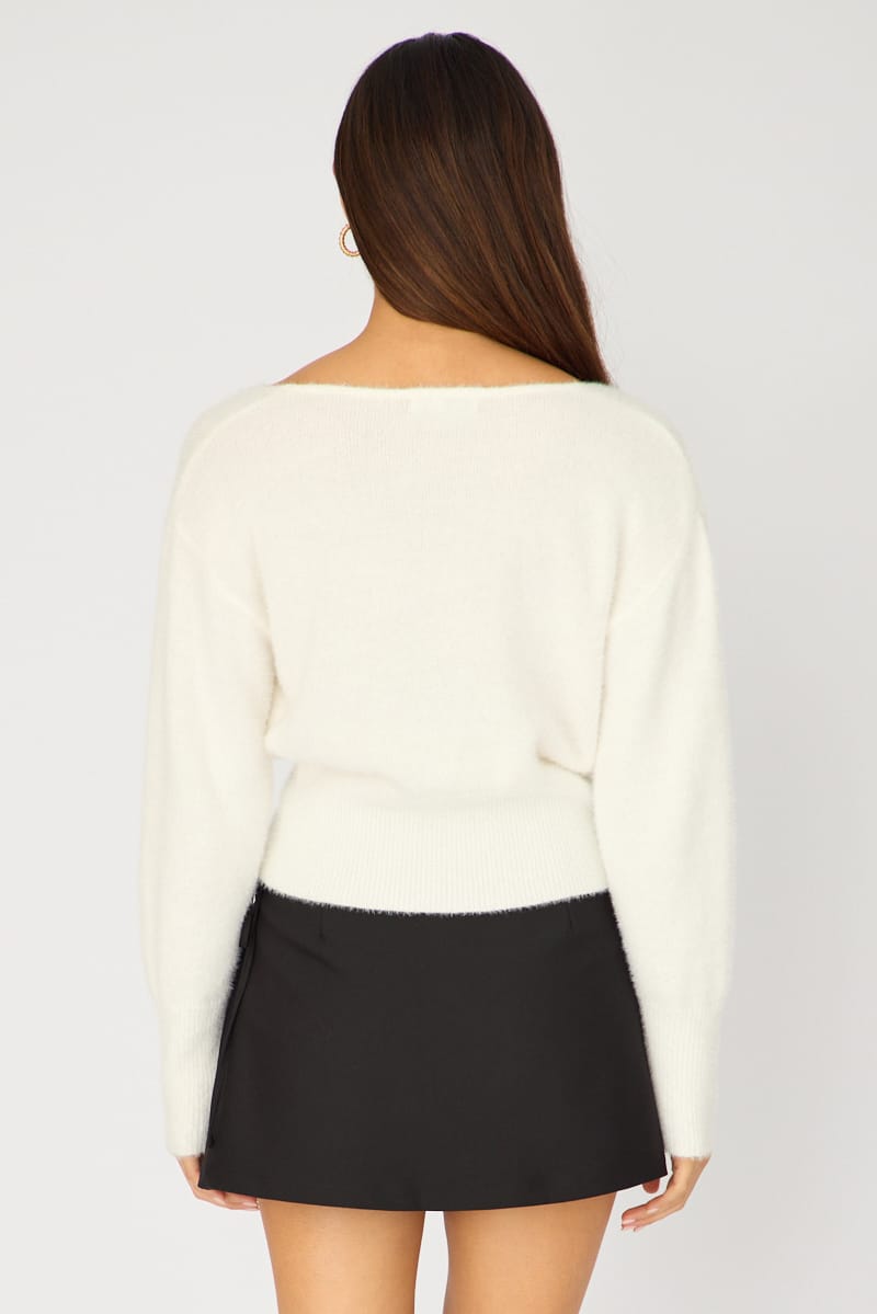White V-neck Wrap Knit Long Sleeve for Ally Fashion