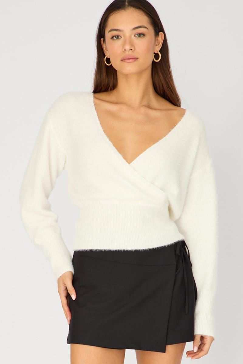 White V-neck Wrap Knit Long Sleeve for Ally Fashion