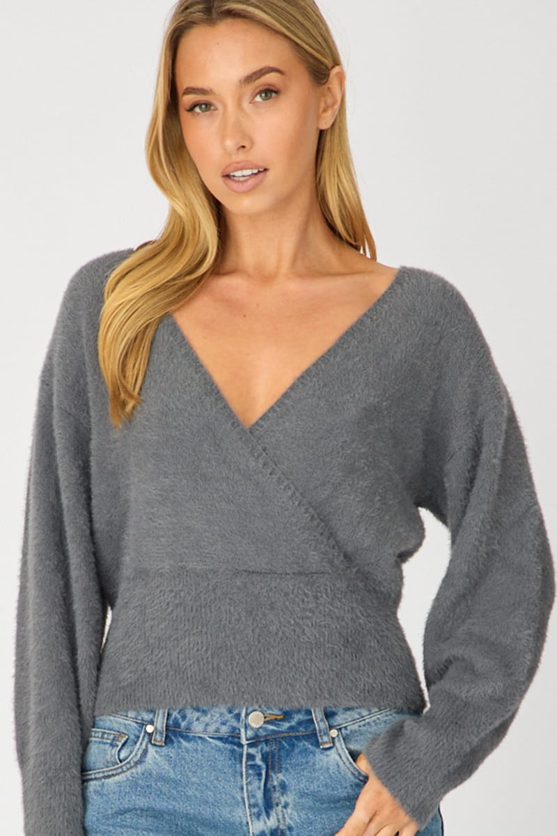 Grey V-neck Wrap Knit Long Sleeve for Ally Fashion