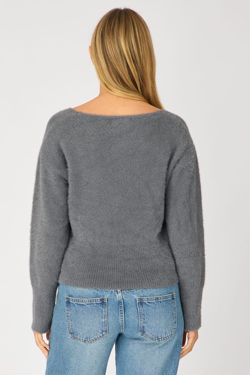 Grey V-neck Wrap Knit Long Sleeve for Ally Fashion