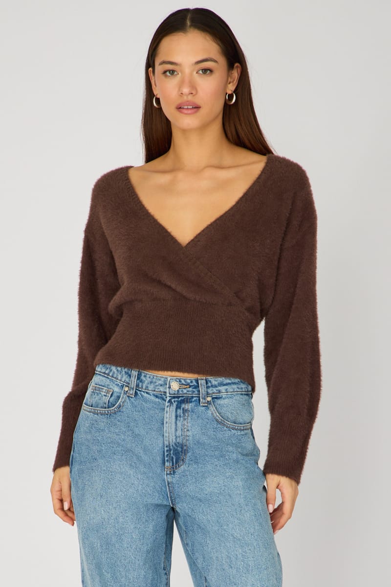Brown V-neck Wrap Knit Long Sleeve for Ally Fashion