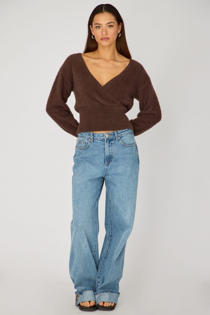 Brown V-neck Wrap Knit Long Sleeve for Ally Fashion