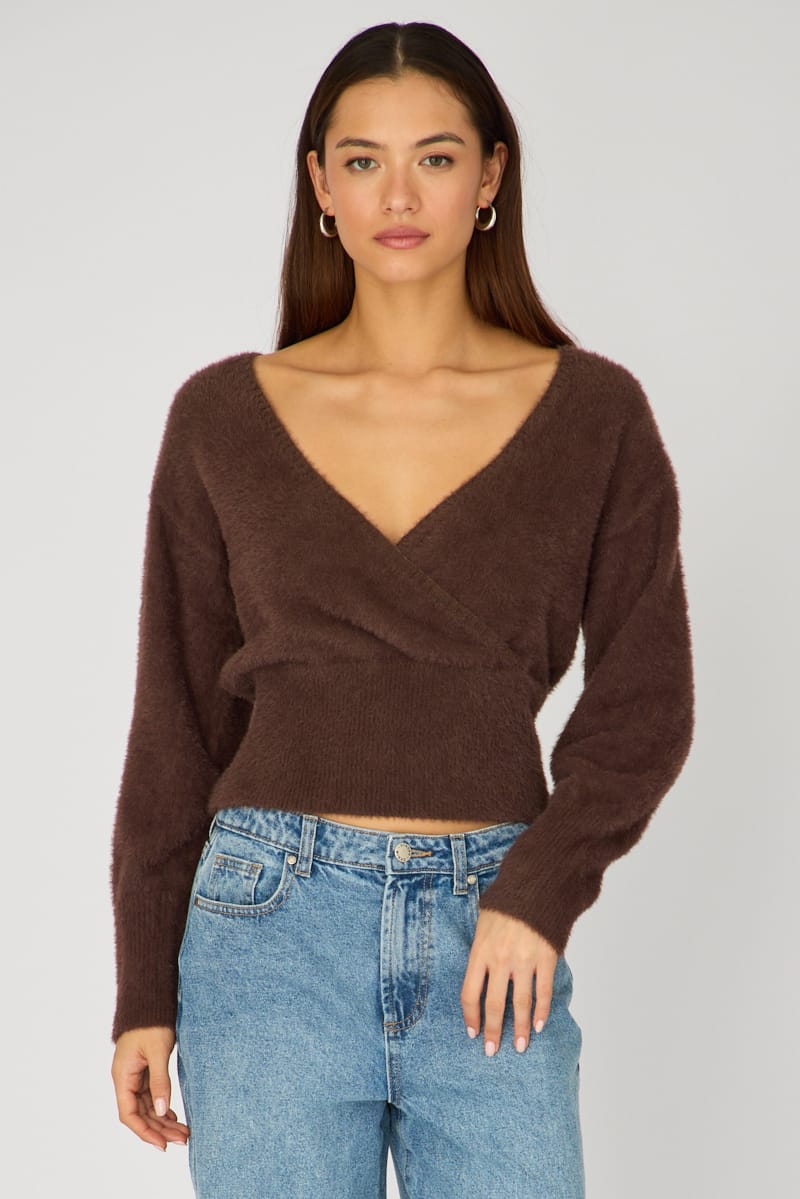 Brown V-neck Wrap Knit Long Sleeve for Ally Fashion