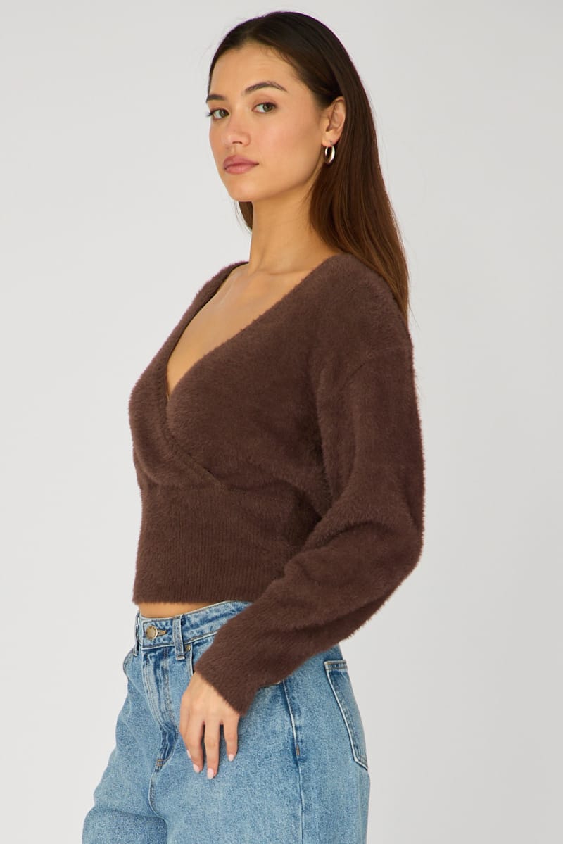 Brown V-neck Wrap Knit Long Sleeve for Ally Fashion