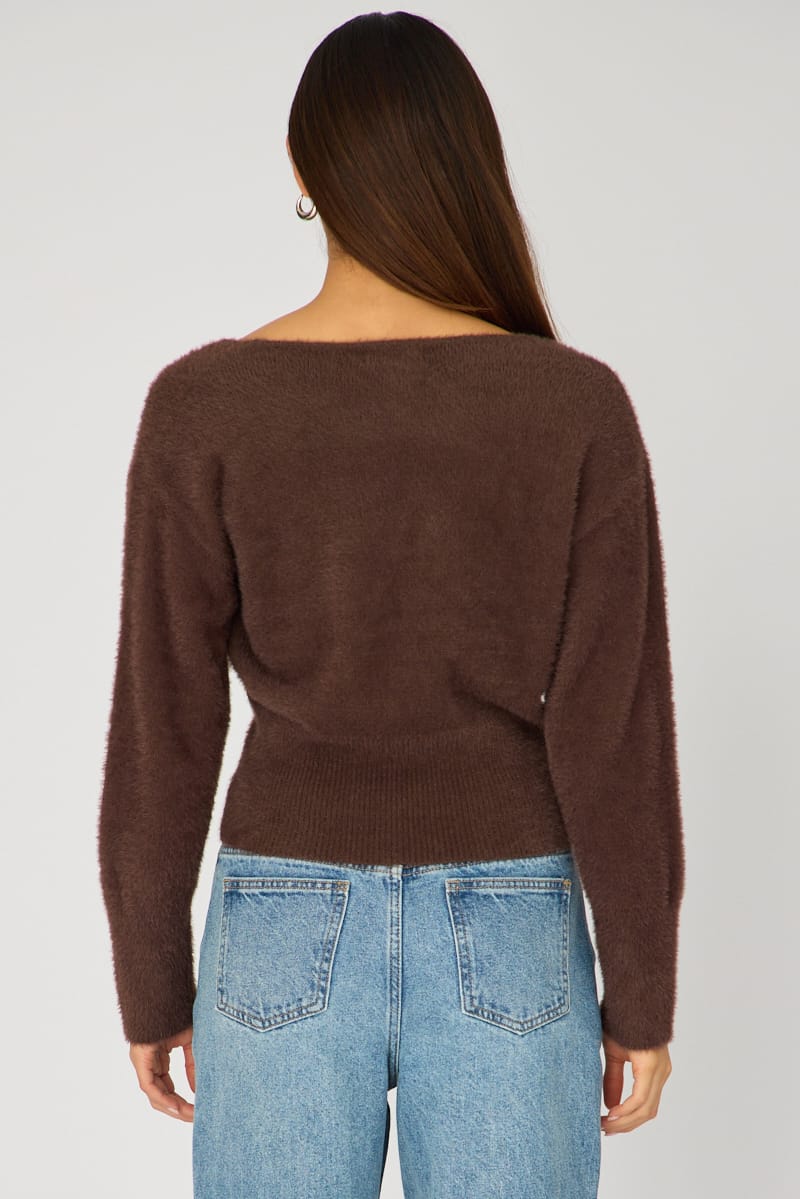 Brown V-neck Wrap Knit Long Sleeve for Ally Fashion