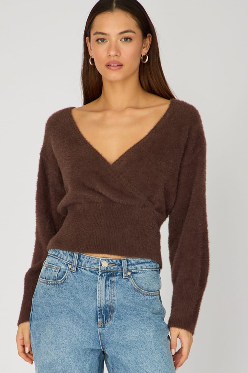Brown V-neck Wrap Knit Long Sleeve for Ally Fashion