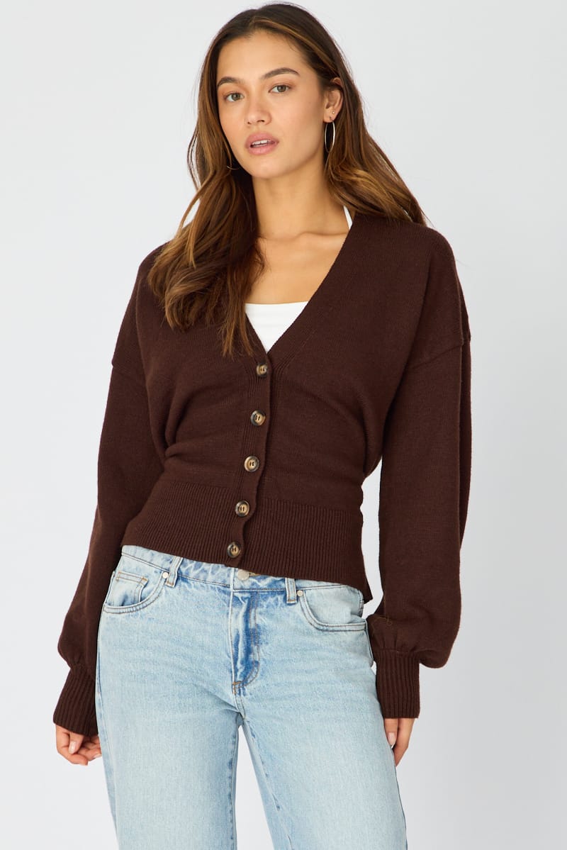 Brown V-neck Knit With Back Tie Long Sleeve for Ally Fashion